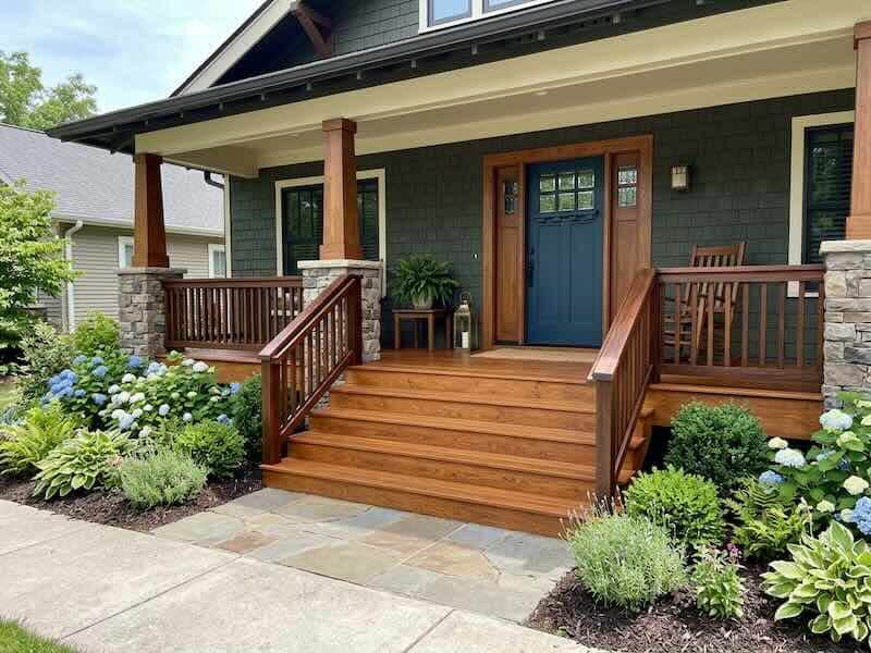 Freshly stained front porch