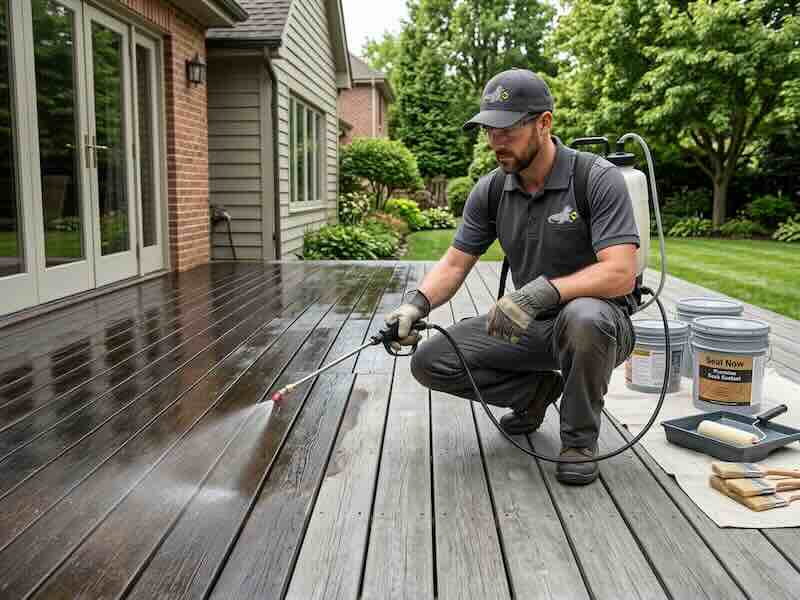 Seal Now technician applying professional wood sealant to a residential deck