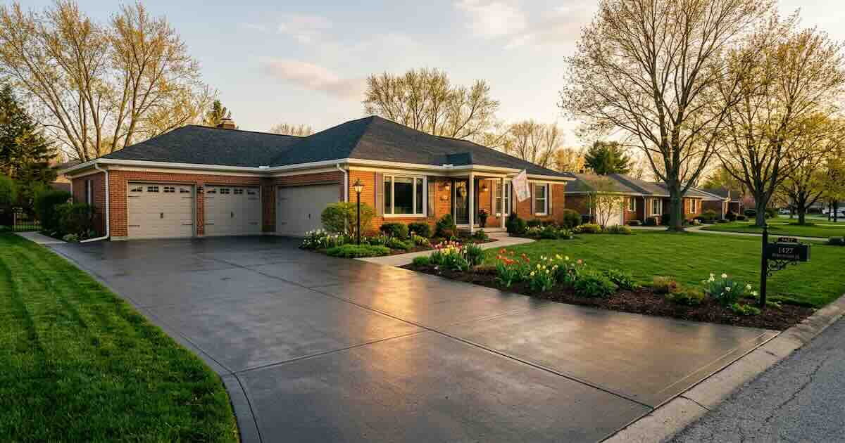 Freshly sealed concrete driveway in front of an Indianapolis home at golden hour