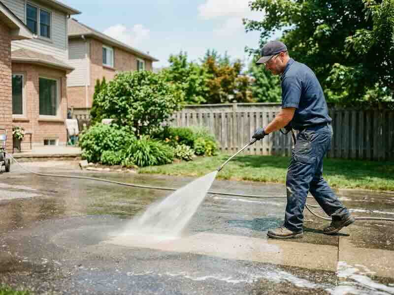 Seal Now technician spraying concrete sealer on a driveway in Carmel, Indiana
