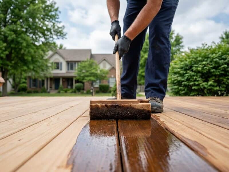 Professional contractor applying rich walnut stain to a residential wood deck with a stain pad applicator in Indianapolis