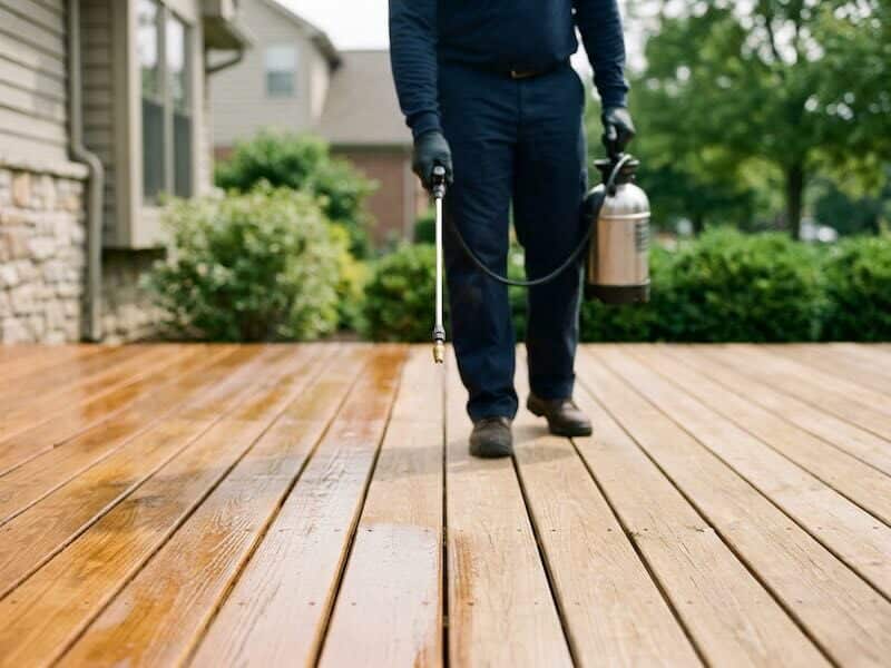 Professional contractor applying penetrating wood sealer with a pump sprayer to a residential cedar deck in Indianapolis