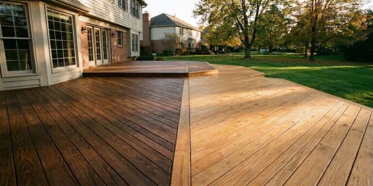 Side-by-side comparison of a stained walnut wood deck on the left and a clear-sealed natural wood deck on the right at an Indianapolis home