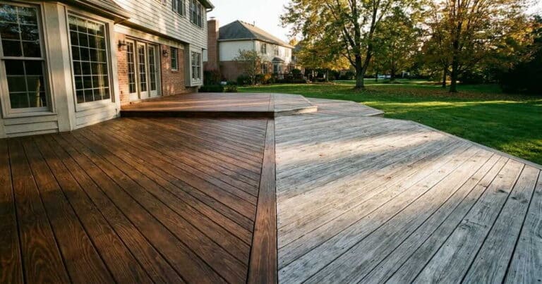 Side-by-side comparison of a sealed walnut-stained wood deck and a weathered untreated deck at an Indianapolis home