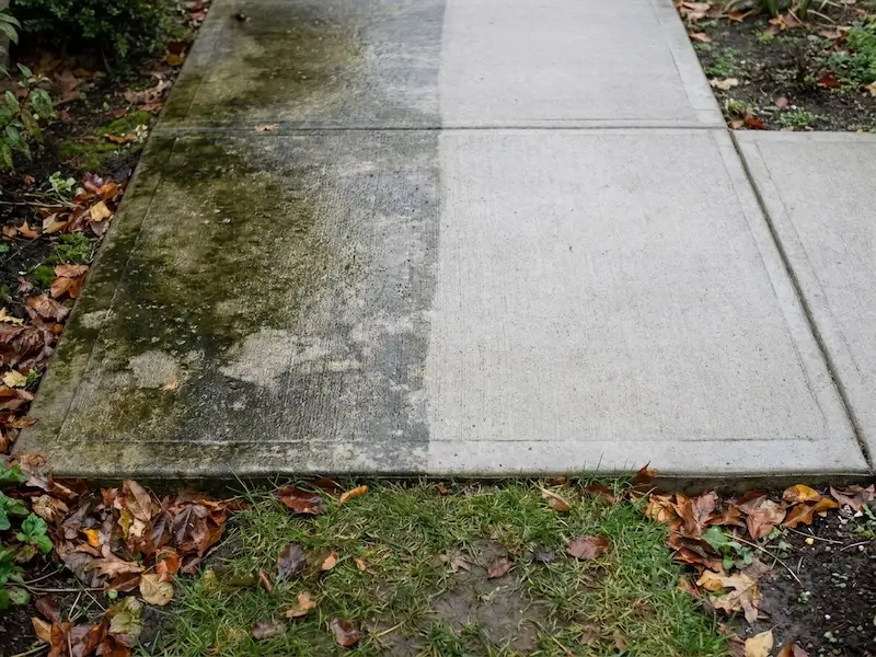Concrete walkway during a concrete cleaning project in Indianapolis, showing grimy and freshly cleaned halves