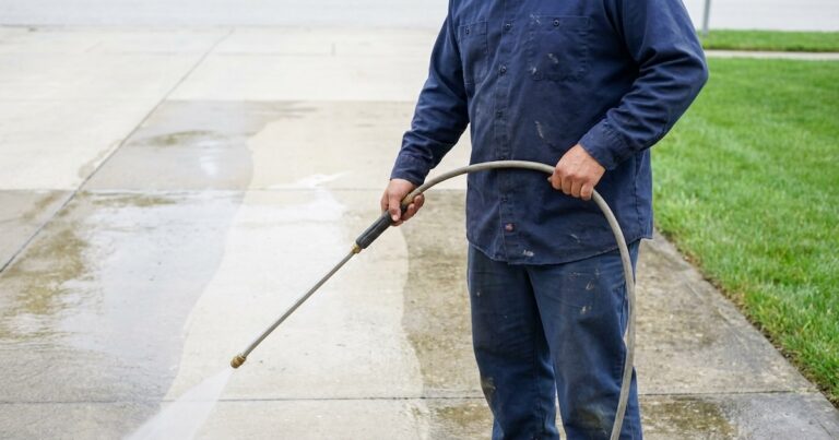 Concrete cleaning in Indianapolis — patio surface being washed before sealing
