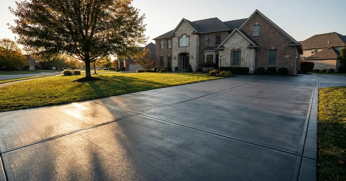 Freshly sealed concrete driveway in front of a Noblesville, Indiana home