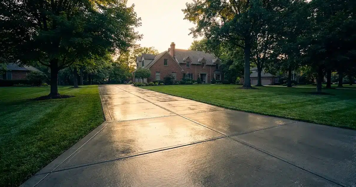 Sealed concrete driveway in front of an Indianapolis home with a rich wet-look finish