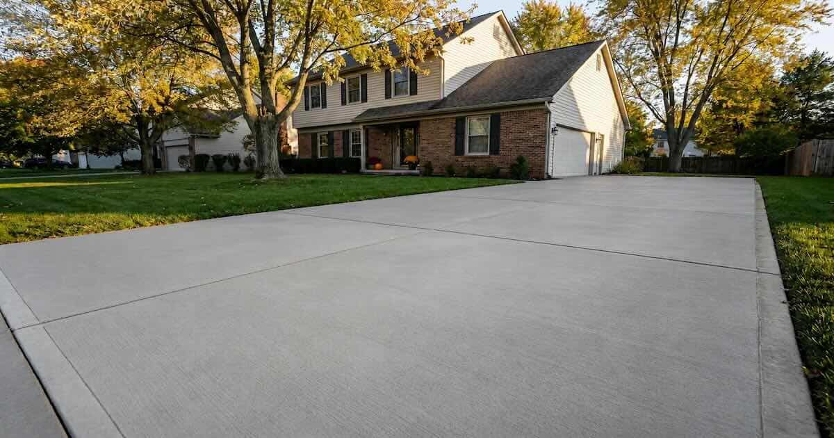Freshly sealed concrete driveway in front of an Indianapolis home during late summer golden hour