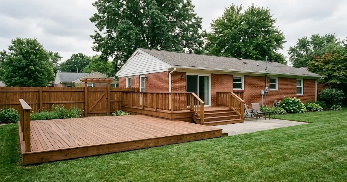 Freshly stained backyard wood deck and fence at a brick home in Speedway, Indiana
