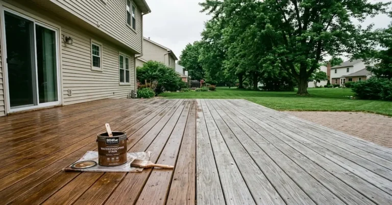 Partially stained wood deck mid-project at an Indianapolis home
